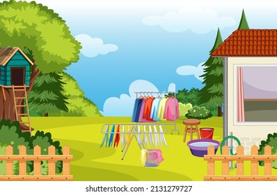 Scene of backyard with a fence illustration