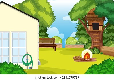 Scene of backyard with a fence illustration