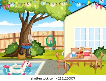 Scene of backyard with a fence illustration