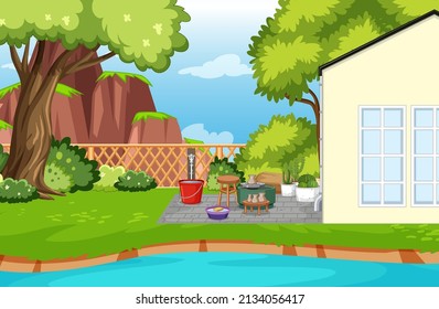 Scene of backyard with a fence illustration