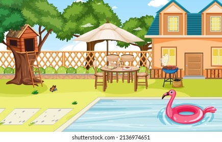 Scene of backyard with a fence illustration