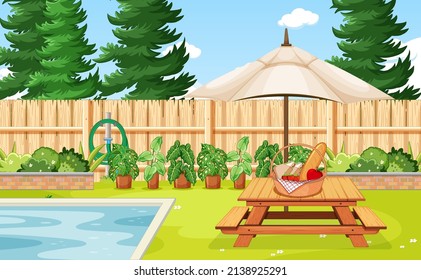 Scene of backyard with a fence illustration