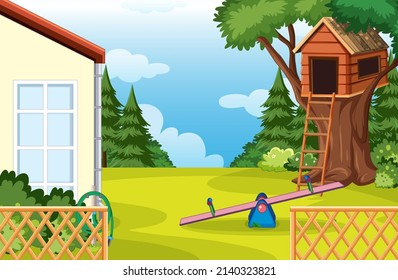 Scene of backyard with a fence illustration