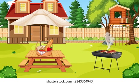 Scene of backyard with a fence illustration