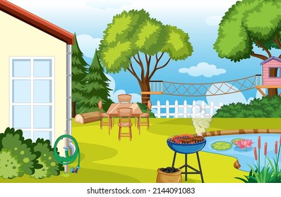 Scene of backyard with a fence illustration