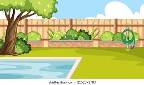 Scene of backyard with a fence illustration