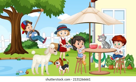 Scene of backyard with kids and fence illustration