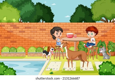 Scene of backyard with kids and fence illustration