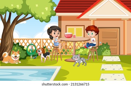 Scene of backyard with kids and fence illustration