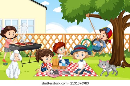 Scene of backyard with kids and fence illustration