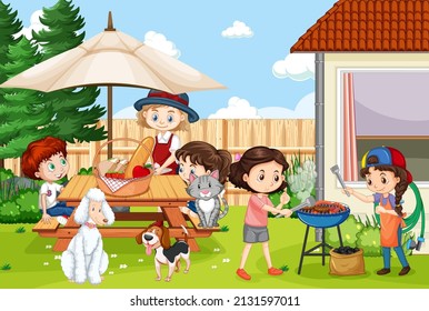 Scene of backyard with kids and fence illustration