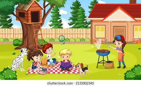 Scene of backyard with kids and fence illustration