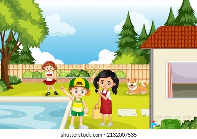 Scene of backyard with kids and fence illustration