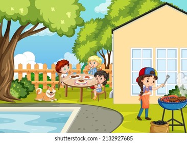 Scene of backyard with kids and fence illustration
