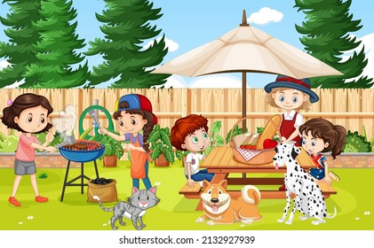 Scene of backyard with kids and fence illustration