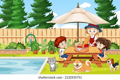 Scene of backyard with kids and fence illustration