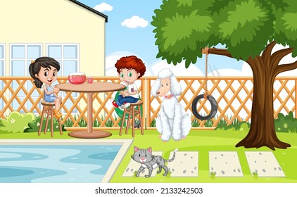 Scene of backyard with kids and fence illustration