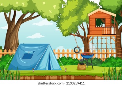 Scene of backyard with kids and fence illustration