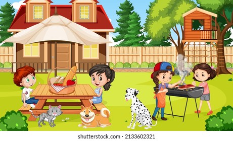 Scene of backyard with kids and fence illustration