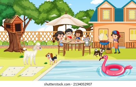 Scene of backyard with kids and fence illustration