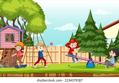 Scene of backyard with kids and fence illustration