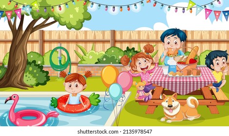 Scene of backyard with kids and fence illustration