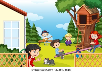 Scene of backyard with kids and fence illustration