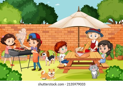 Scene of backyard with kids and fence illustration