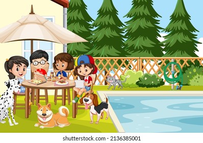 Scene of backyard with kids and fence illustration