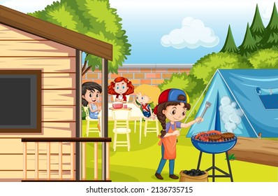 Scene of backyard with kids and fence illustration