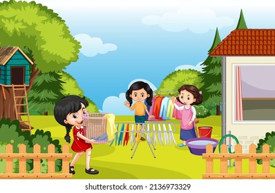 Scene of backyard with kids and fence illustration