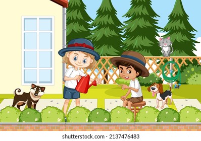 Scene of backyard with kids and fence illustration