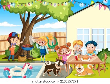 Scene of backyard with kids and fence illustration