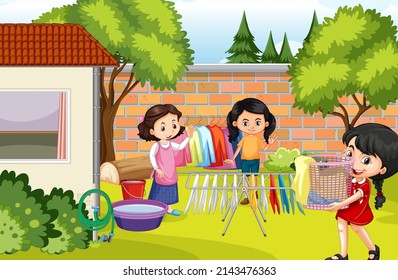 Scene of backyard with kids and fence illustration