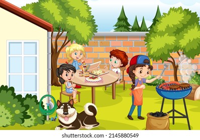 Scene of backyard with kids and fence illustration