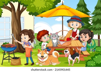 Scene of backyard with kids and fence illustration