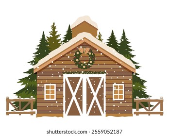 A scene with a barn decorated for Christmas. A winter rural scene with a cottage and a fir forest. Decorated rural vintage house with Christmas trees and snowfall. Illustrated vector clipart.