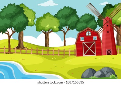Scene of barn and windmill with many trees illustration