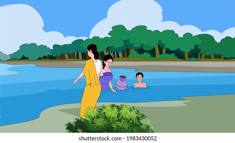 Scene of bathing in the river - illustration