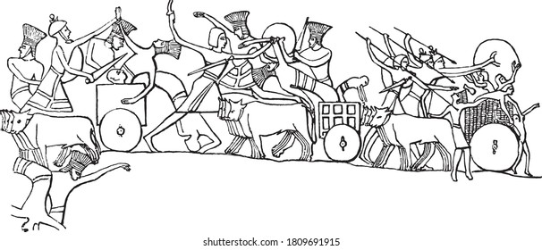 Scene of a battle between Sardis and Egyptians on one side, Pelasgians and Teucrians on the other, From the Universe and Humanity, 1910.