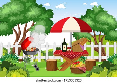 Scene with BBQ grill and food on picnic table in the park illustration