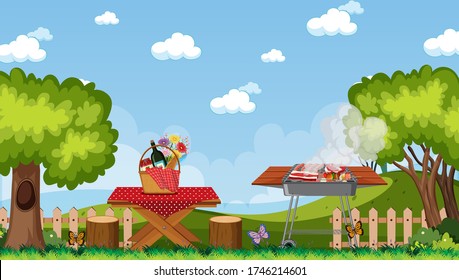 Scene with BBQ grill and food on the picnic table in the park illustration