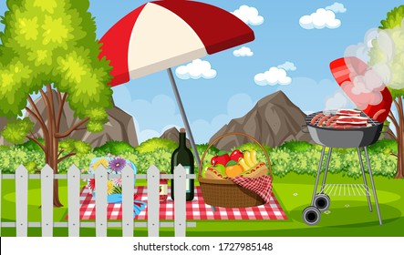 Scene with BBQ grill and food in the park illustration