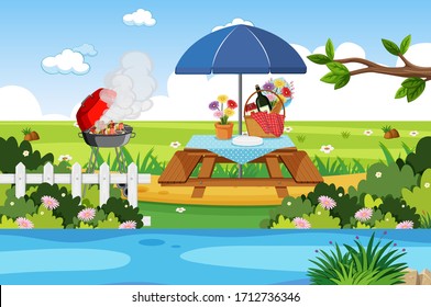 Scene with BBQ grill and lunch on the table illustration