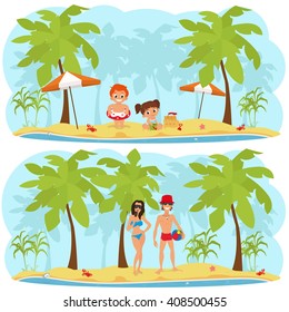 scene beach of a tropical island. children on the beach building a sand castle.Beach scene with children and couple in love.. vector.family resting on the beach. vector.