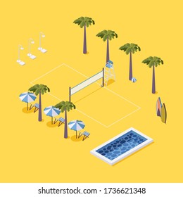 Scene with beach volleyball net, palms, chairs and pool, outdoor showers on yellow background. Vector concept illustration