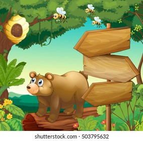 Scene with bear and wooden signs illustration