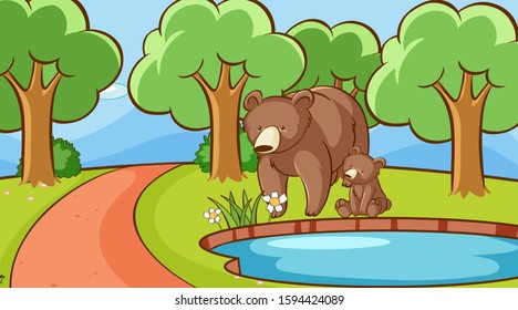 Scene with bears by the pond illustration