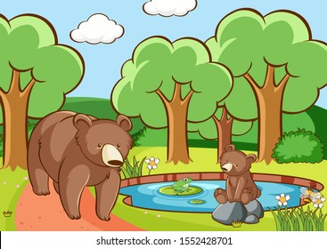 Scene with bears in forest illustration