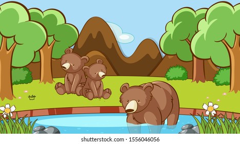 Scene with bears in the forest illustration